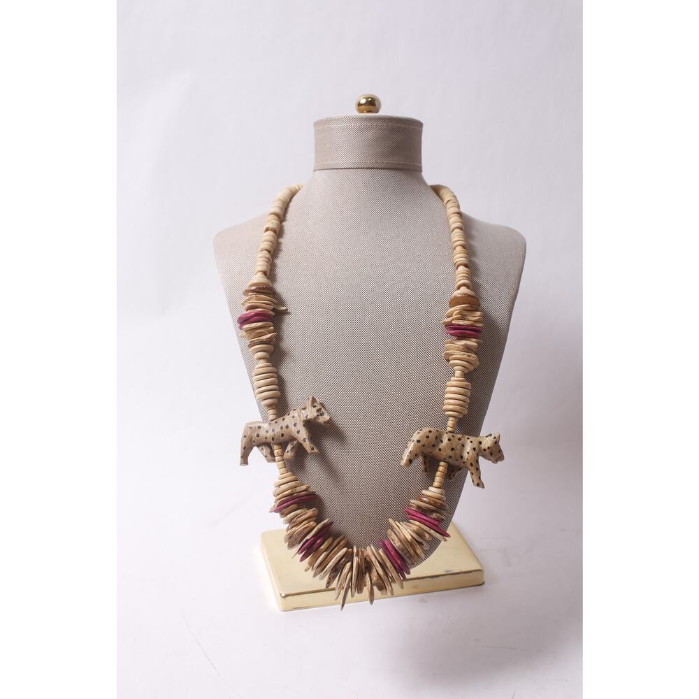 Vintage Leopard Wooden Carved Beaded Safari Necklace African ~ 260304-WH 1032